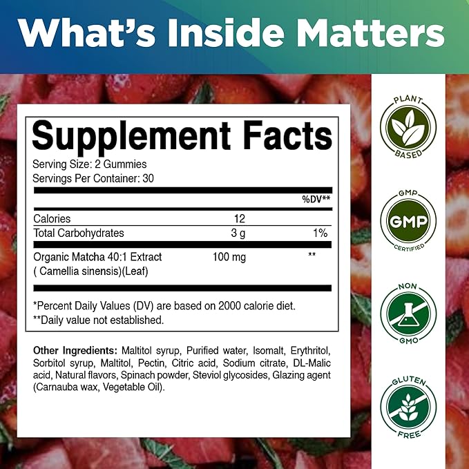 Vitamatic Matcha Gummies 60 Count | Strawberry & Watermelon Flavor - Non-GMO