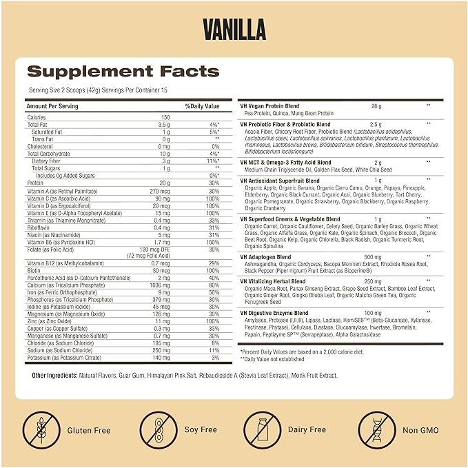 VitaHustle ONE Vegan Vanilla Protein Powder - 20g Plant Protein Meal Replacement with 86+ Superfoods & Greens, Probiotics + No Bloat Digestive Blend - Dairy Free, Gluten Free (15 Servings)