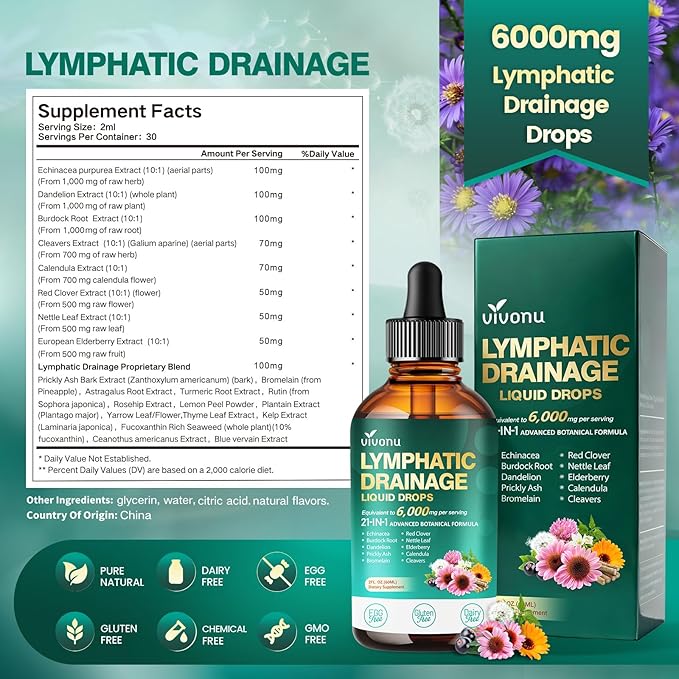 21-in-1 Lymphatic Drainage Drops for Liposomal, Immune & Lymph System Support Supplement for Women & Men with Echinacea, Dandelion, Burdock, Bromelain, Calendula, Turmeric & More, 2 FL OZ