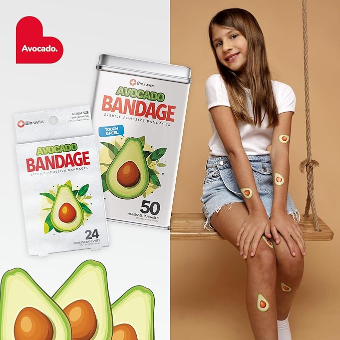 BioSwiss Bandages, Avocado Shaped Self Adhesive Bandage Set, Latex Free, Sterile Wound Care, 24 Count