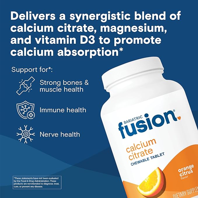 Bariatric Fusion Calcium Citrate Chewable Tablet | Orange Citrus Flavored | Chewable Calcium Citrate | Bone Health Support* | Gluten, Dairy and Soy Free | Non-GMO | 124 Count