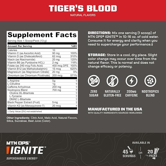 MTN OPS Ignite Sugar Free Energy Drink Powder with 200mg Caffeine, Nootropic Blend for Energy, Focus & Endurance, L Arginine & L Citrulline Pre Workout, 45 Servings, Tiger's Blood