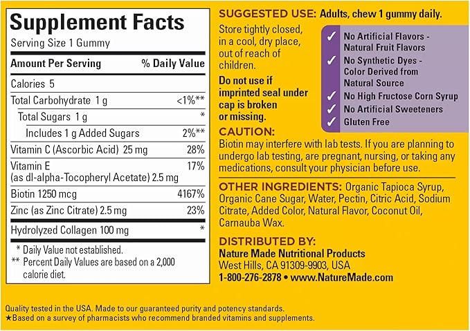 Nature Made Collagen Gummies with Vitamin C, Zinc, Biotin, Hydrolyzed Collagen Peptides for Women and Men, Healthy Skin Support Supplement, 60 Gummies, 60 Day Supply