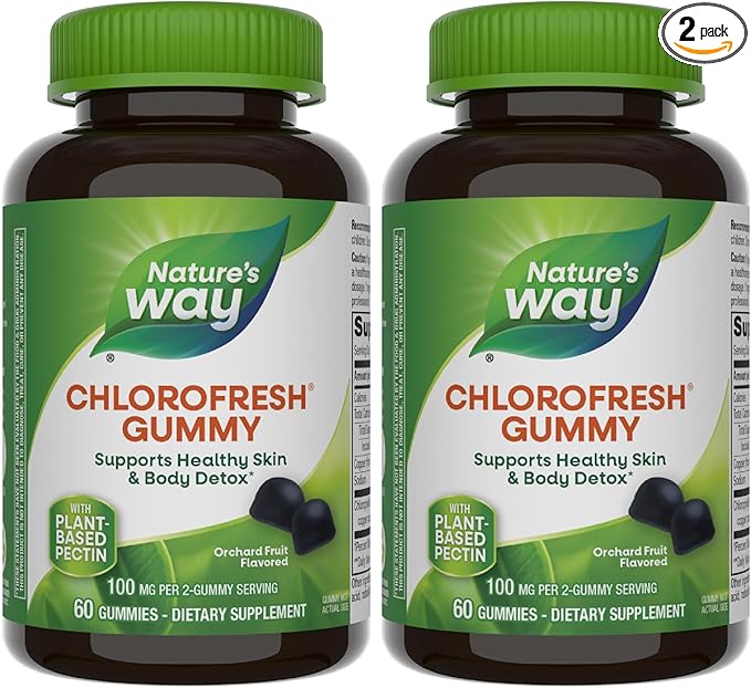 Nature's Way Chlorofresh Chlorophyll Gummies, Supports Healthy Skin and Body Detox*, Internal Deodorant*, Orchard Fruit Flavored, 60 Gummies, (Pack of 2)
