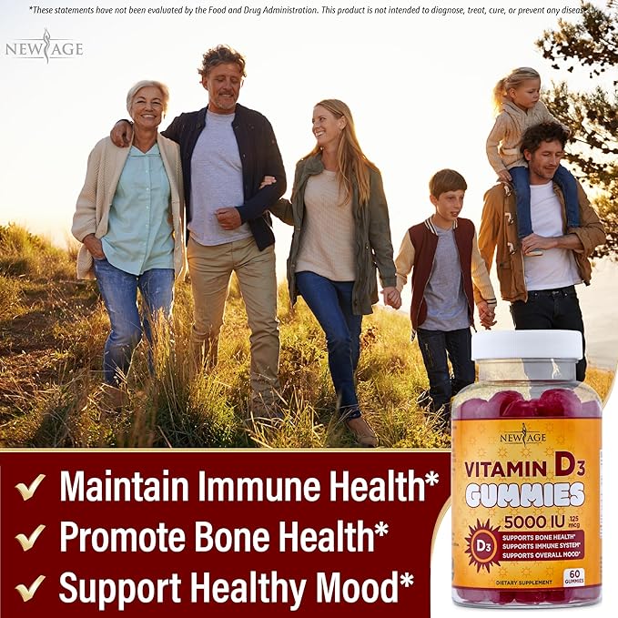 NEW AGE Vitamin D3 5000 IU 125mcg Gummies - Immune Supplement - Non-GMO, Gluten-Free, Dairy-Free, No Gelatin (60 Gummies (Pack of 1))