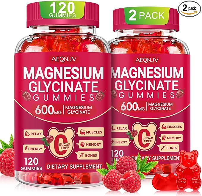 Magnesium Glycinate Gummies 600mg, Sugar Free Magnesium Gummies for Adults, Chewable Potassium Supplements for Sleep, Body Support and Relaxation, 2 Pack