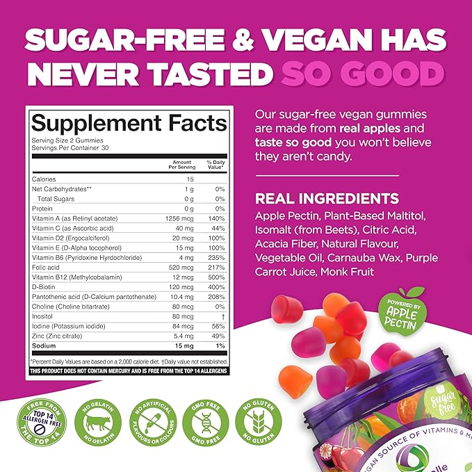 NUTRAMIN Daily Vegan Keto Multivitamin Gummies Non-GMO Natural Vitamin C D + Zinc for Immunity, Plant-Based, Sugar-Free, Nut-Free, Gluten-Free, Biotin, Vitamin A, B, B6, B12 60 Ct, 30 Days (60 Count)