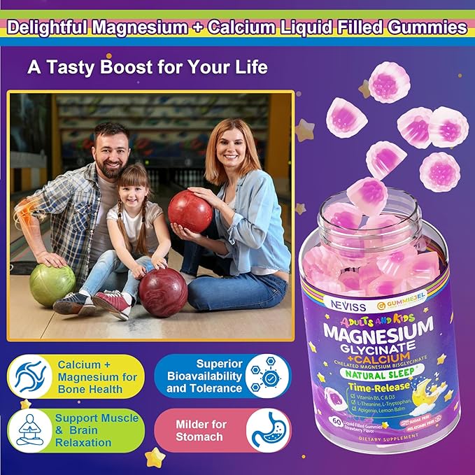 Neviss Magnesium Glycinate + Calcium Filled Gummies for Adults and Kids 4+, Kids Sleep Gummies Melatonin Free, No Sugar Magnesium Supplement w/B6 D3, L-Theanine for Zzz Relax, Brain,Bone,Muscle 2Pack