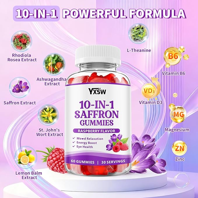 Saffron Gummies, Saffron Supplements for Kids & Adults with Ashwagandha, L-Theanine, Lemon Balm, Vitamin D3, B6, Magnesium & Zinc - Support Focus, Relaxation, Raspberry Flavor, 120 Count
