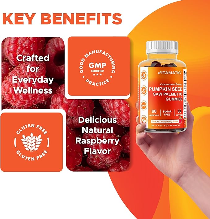 Vitamatic Pumpkin Seed 20:1 Extract & Saw Palmetto 10:1 Extract Gummies – Sugar-Free Botanical Extract – Natural Raspberry Flavor – Vegan, Non-GMO, Plant-Based Gummies – 60 Count - 2 Pack (120 Count)