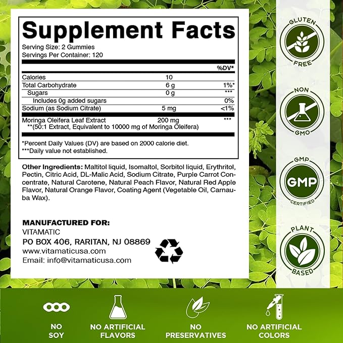 Vitamatic Moringa Gummies – Sugar-Free 50:1 Plant-Based Extract – Green Superfood – Pectin-Based, Vegan, Non-GMO – 240 Gummies