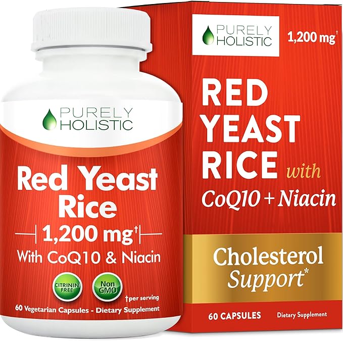 Red Yeast Rice with CoQ10 Supplement | Healthy Cholesterol Levels & Heart Health Support | Extra Strength Red Yeast Rice 1200 MG (600 MG Per Capsule) with Monakolin K | No Citrinin, Non-GMO | 60 Ct