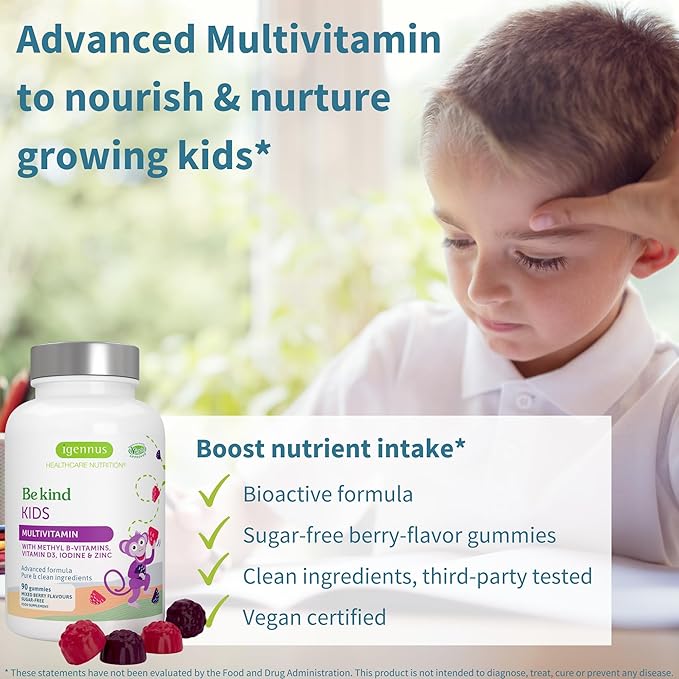 Igennus Methylated Kids Multivitamin Gummies, Clean Label & Third Party Tested, No Artificial Sweeteners or Flavors, Sugar Free, Age 4+, 90 Natural Berry Flavor from Fruit Powder, Non-GMO, Halal