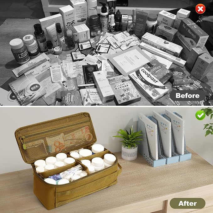 First Aid Bag Empty Pill Box Organizer,Tactical Medical Bag Case,Portable EDC Travel Medicine Pill Bottle Organizer (Brown)