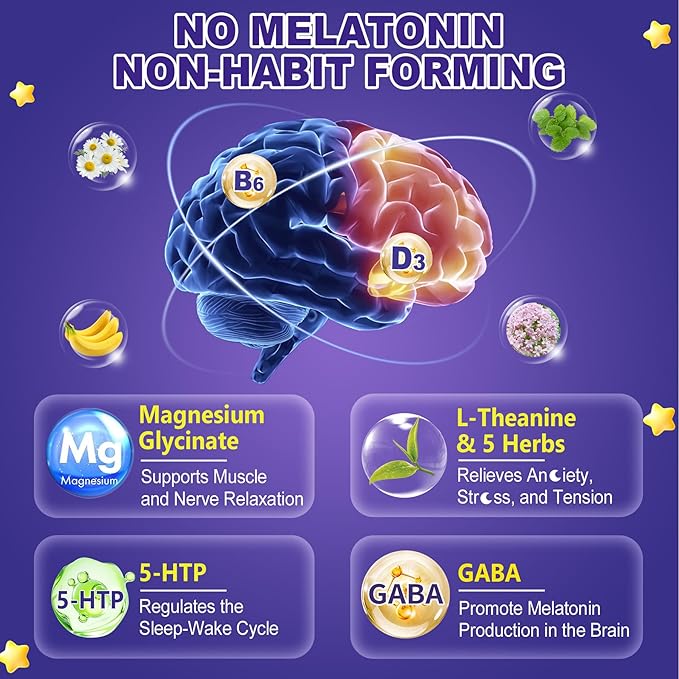 Nextdia Melatonin Free Sleep Gummies with Magnesium Glycinate, GABA, 5-HTP, L-Theanine, Valerian, Chamomile, Lemon Balm, Vitamin D3 & B6 - Hormone & Drug- Free, Non-Habit Forming,2 Pack