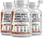 Clean Nutraceuticals Lions Mane 20in1 Mushroom Supplement with Turkey Tail Reishi Cordyceps Chaga Maitake Meshima Poria Cocos Shiitake Oyster Porcini Enoki - 3Pack