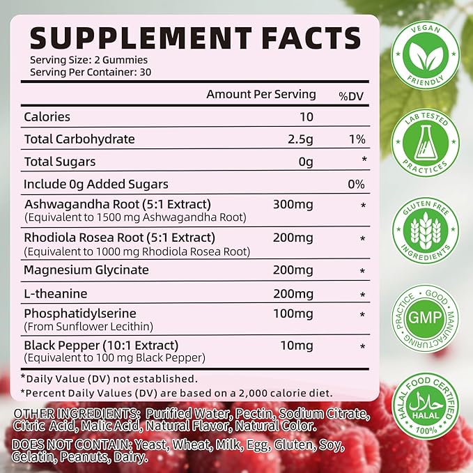 Cortisol Supplements Gummies for Women Sugar-Free Cortisol Gummies with Magnesium Glycinate Ashwagandha Rhodiola Rose Support Relaxation & Focus, Raspberry Flavor, 60 Count