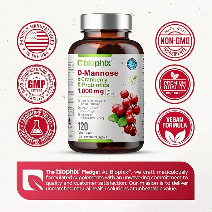 biophix D-Mannose 1000mg Capsules with Cranberry & Probiotics - D Mannose Supplements for Women - D-Mannose Pills for Urinary Tract & Bladder Health Support - Digestive Well-Being - 120 Vcaps 2 Pack