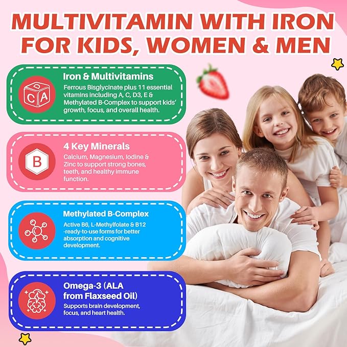 Iron Supplement Gummies for Kids with Multivitamin, Calcium, Zinc, Folate - Kids Iron Gummies Support Immune, Blood Builder, Iron Deficiency, Anemia & Energy - Vegan, Strawberry 60 Count