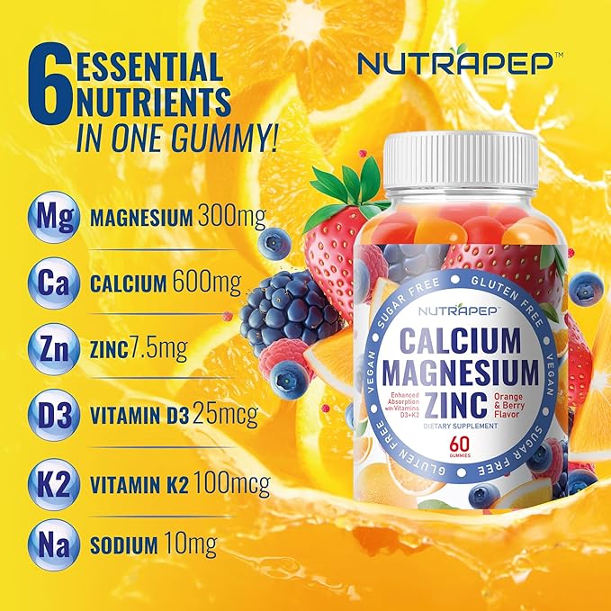 NutraPep Calcium Magnesium Zinc Supplement Gummies - with Vitamin D3 K2 Magnesium Glycinate - Orange Berry Flavored Vegan Sugar-Free Gluten Free Chewable for Men Women Kids