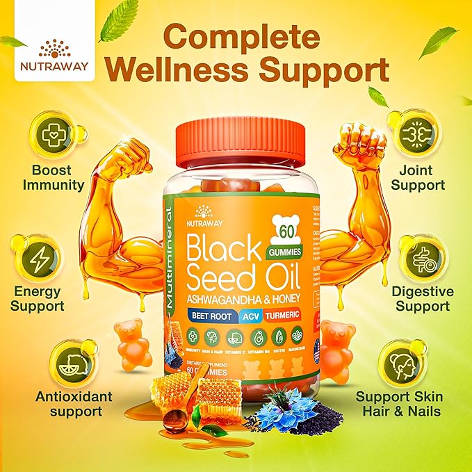 Black Seed Oil Gummies – Black Cumin Seed Oil, Ashwagandha, ACV, Biotin, Turmeric, Beet Root, Pomegranate, Vitamins C & B6 – Clean-Label Multivitamin Gummies for Adults & Kids