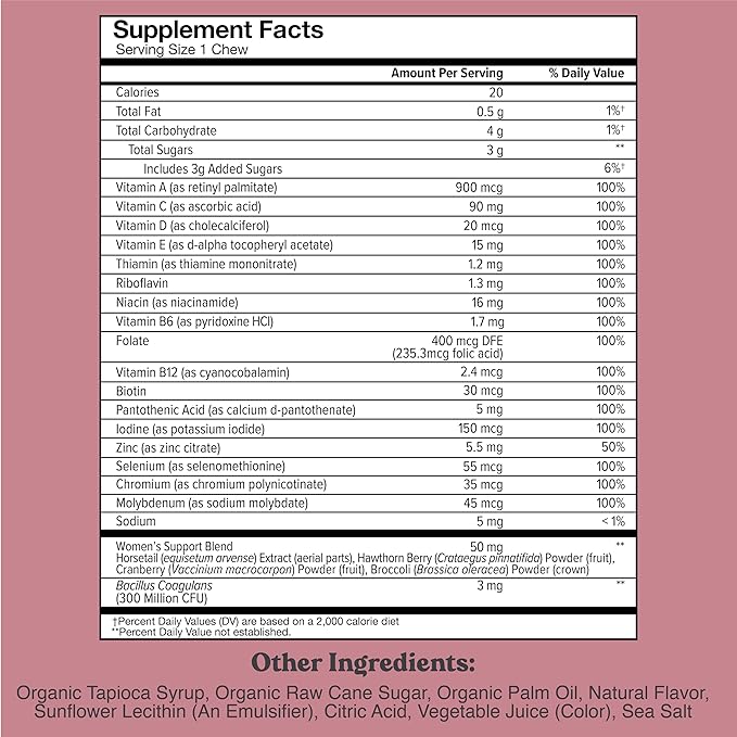 CHEWSY Women's Multivitamin - Immune & Energy Support - 23 Nutrients Including A, B12, C, Folic Acid, Probiotics, Biotin, Cranberry - 30-Day Supply