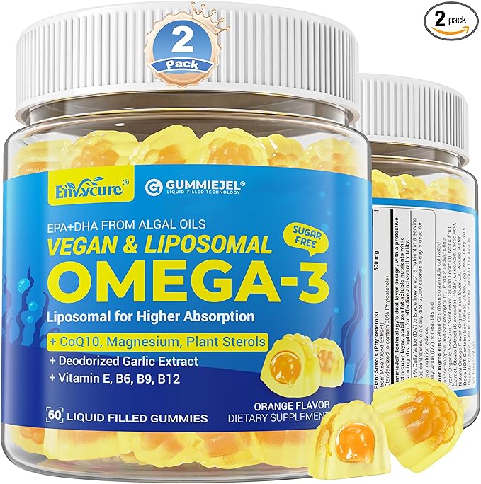 Vegan Omega-3 Gummies 1000mg +CoQ10+Magnesium- EPA 600mg DHA 400mg, Fish Oil Omega 3 Supplements Alternative for Women Men Adults, Liposomal, Algae, Plant Sterols, Garlic,B6,B9, B12, Sugar Free, 2Pack