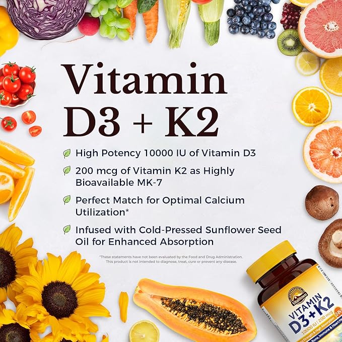 Vitalitown Vitamin D3 K2 Supplement, Vitamin D3 10000 IU Vitamin K2 (MK7) 200 mcg, 90 Softgels (Pack of 2), Non-GMO, No Gluten & Soy, for Bone, Teeth, Immune & Heart Health