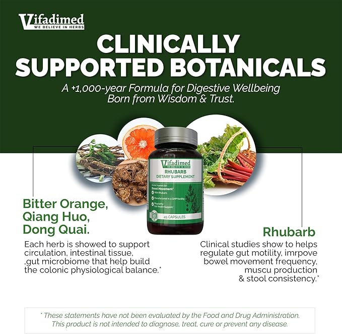 Rhubarb,Gut Motility Activator for Bowel Movement and Regularity,Constipation Relief,Bloating & Gas Relief,Mucus Production Assist,Lining & Microbiome Support, 45 Capsules