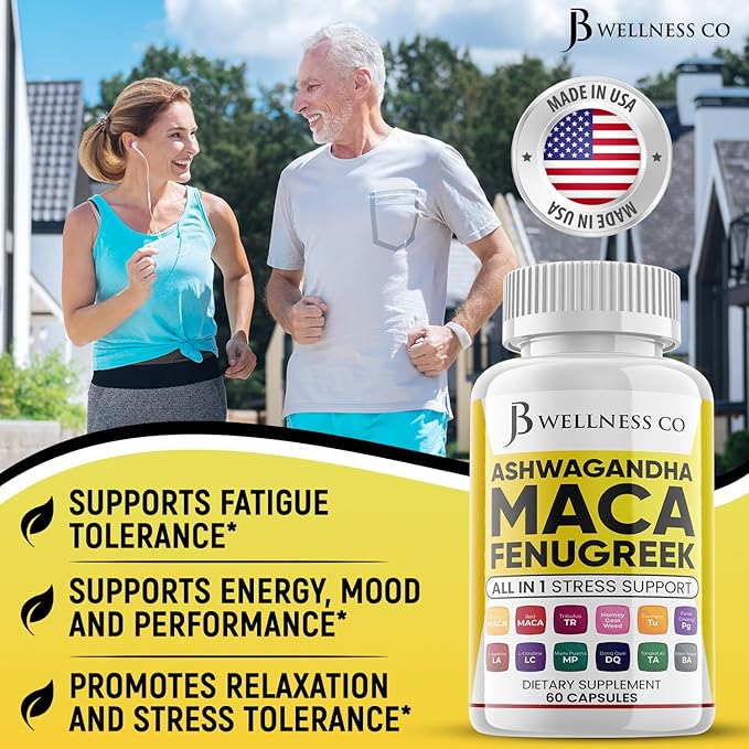 JB Wellness Co Ashwagandha Maca Root, Fenugreek Supplement with Tongkat Ali Ginseng - Assists with Mood & Thyroid Health - 60 Count