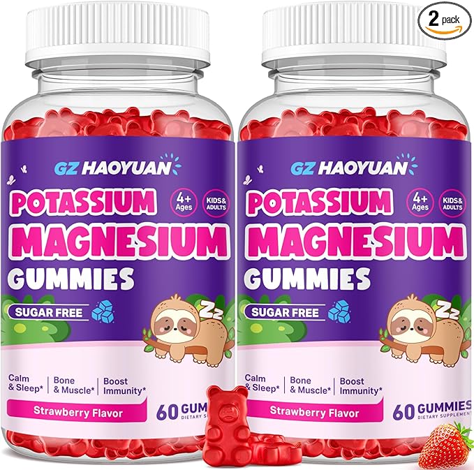 Magnesium Gummies for Kids - Magnesium Glycinate Gummies with Vitamin D3, B6, Potassium & Ashwagandha, Magnesium for Kids & Adults Relaxation, Sleep, Brain & Bone Health - Strawberry 60ct (2 Pack)
