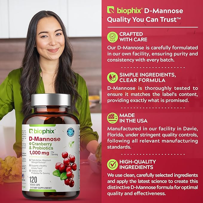 biophix D-Mannose 1000mg Capsules with Cranberry & Probiotics - D Mannose Supplements for Women - D-Mannose Pills for Urinary Tract & Bladder Health Support - Digestive Well-Being - 120 Vcaps 2 Pack