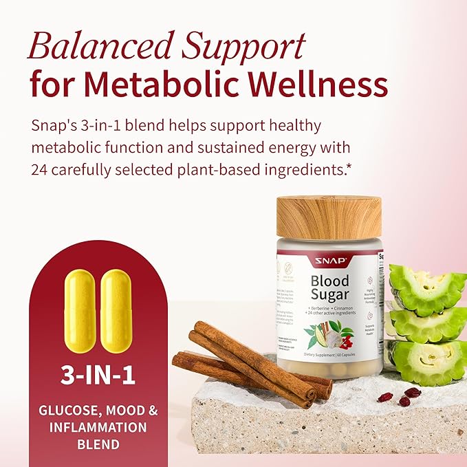 Snap Supplements Blood Sugar Blend with Berberine, CoQ10, Cinnamon, and Gymnema to Support Already Healthy Blood Sugar, Metabolic Health and Energy, Sugar Free, 60 Capsules 3-Pack (Packaging May Vary)