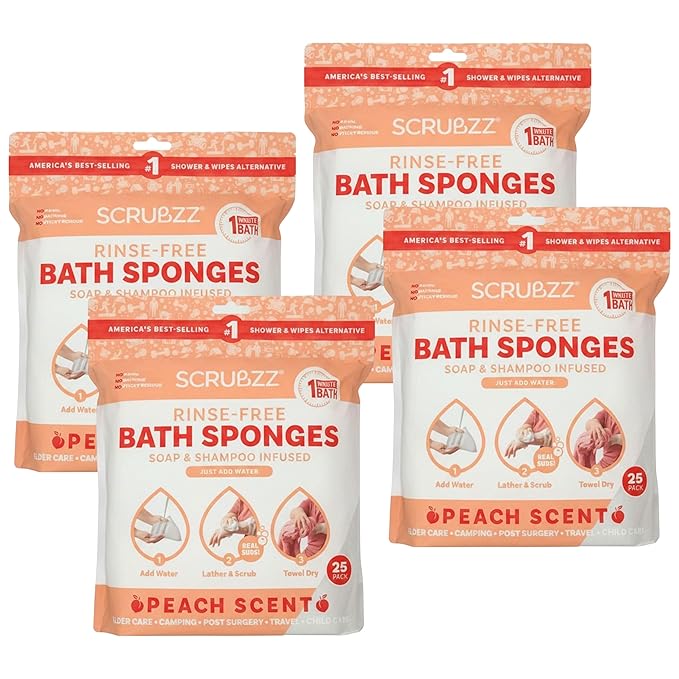Scrubzz Disposable No Rinse Bathing Wipes for Sensitive Skin - All-in-1 Single Use Shower Wipes, Simply Dampen, Lather, and Dry Without Shampoo or Rinsing (Peach, 4-Pack)
