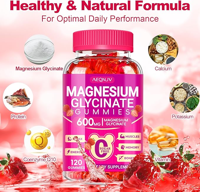 Magnesium Glycinate Gummies 600mg, Chewable Sugar Free Potassium Magnesium Gummies with Magnesium Glycinate, Vitamin D, B6 and CoQ10 for Sleep, Relaxation, Brain and Muscle, 60 Days Supply