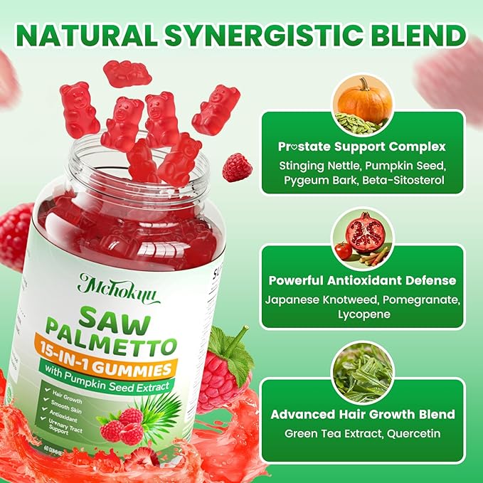 Saw Palmetto Gummies 600mg for Men & Women – Pumpkin Seed Oil Gummies with Saw Palmetto Supplement for Hair Growth & Skin Health, DHT Blocker - Sugar Free, Non-GMO, Raspberry Flavor 60 Count