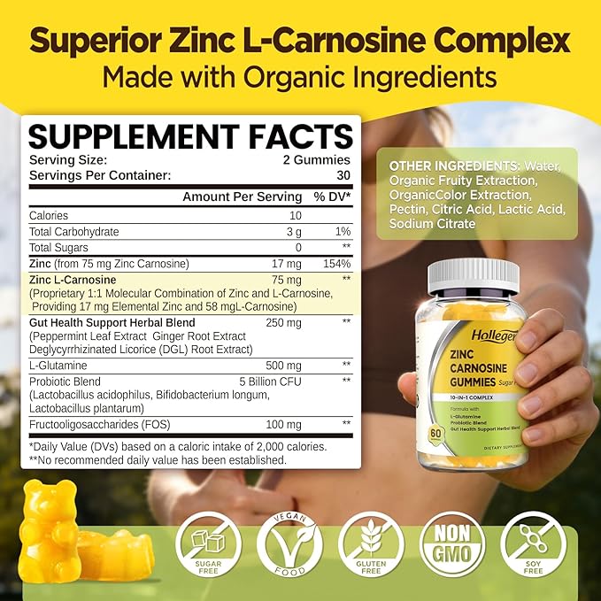 Zinc Carnosine Supplement Sugar Free, Organic Zinc Carnosine 75mg with L-glutamine, Probiotic & Herbal Blend, Comprehensive Gut & Digestive Health Support, Bloating Relief, Vegan, Non-GMO, 60 Gummies