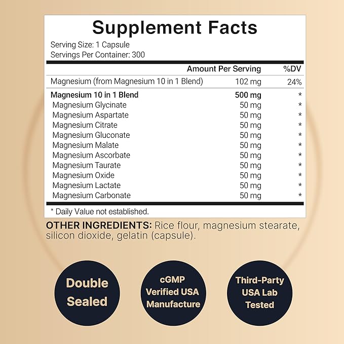 Magnesium Complex 500mg, 300 Capsules | 10-in-1 Magnesium Glycinate, Citrate, Malate & More | Chelated Form for Easy Absorption | Non-GMO