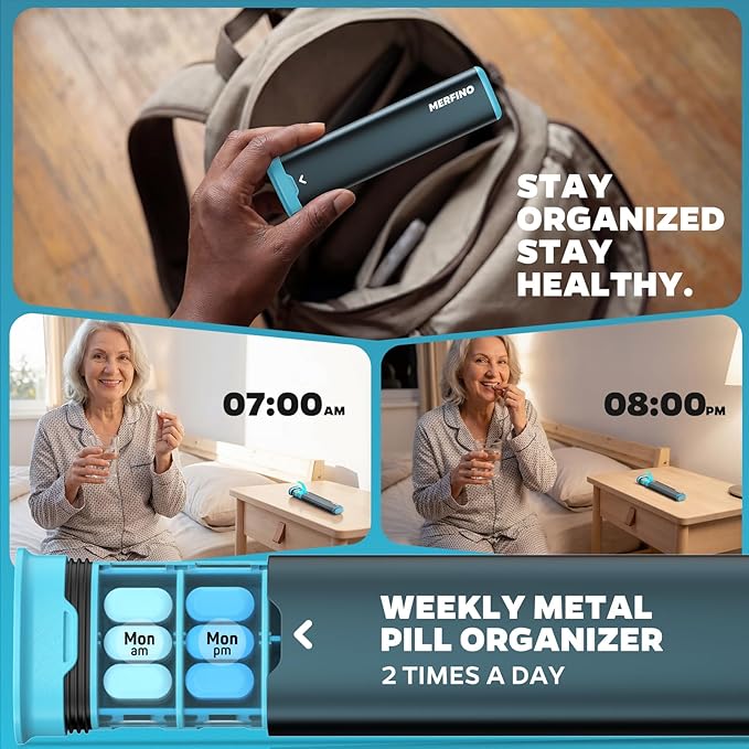 Metal Pill Organizer 2 Times a Day-Travel Pill Box Case with Moisture-Proof Airtight Lids, Weekly Large Capacity AM PM Medicine Container for Vitamins, Fish Oil, Supplements and Medications (Blue)