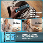Metal Pill Organizer 2 Times a Day-Travel Pill Box Case with Moisture-Proof Airtight Lids, Weekly Large Capacity AM PM Medicine Container for Vitamins, Fish Oil, Supplements and Medications (Blue)