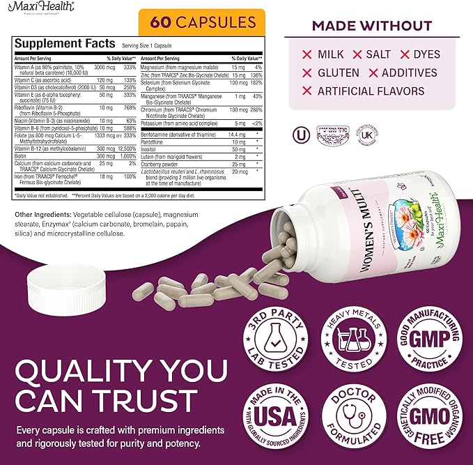 Womens Multivitamin – Methylated Multivitamin for Women with 23 Key Vitamins C, D, B6, B12, Calcium, Probiotics, Biotin & More - Energy, Skin, Nails & Gut Health Support - Kosher 60 Capsules