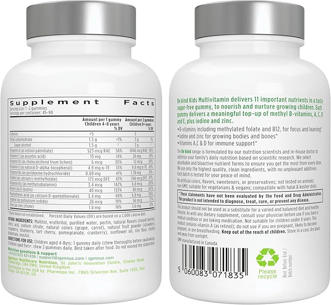 Igennus Methylated Kids Multivitamin Gummies, Clean Label & Third Party Tested, No Artificial Sweeteners or Flavors, Sugar Free, Age 4+, 6X 90 Natural Berry Flavor from Fruit Powder, Non-GMO, Halal