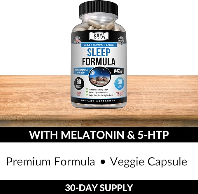 Kaya Naturals - Sleep Support Formula with Melatonin - Aid Support Vitamin Supplement - Sleep Stress and Mood Support - L-Tryptophan, Passion Flower, Ashwagandha and More - 60 Capsules (60 Count)