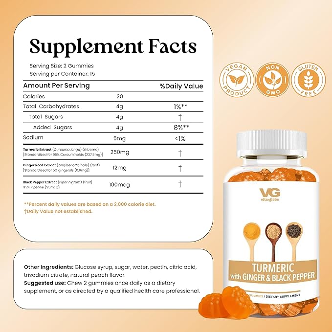 VITA Globe Turmeric Supplement Gummies with Ginger & Black Pepper – 250mg Turmeric Extract, Vegan, Non-GMO Herbal Supplement, Daily Wellness Formula – 30 Count (Pack of 1)
