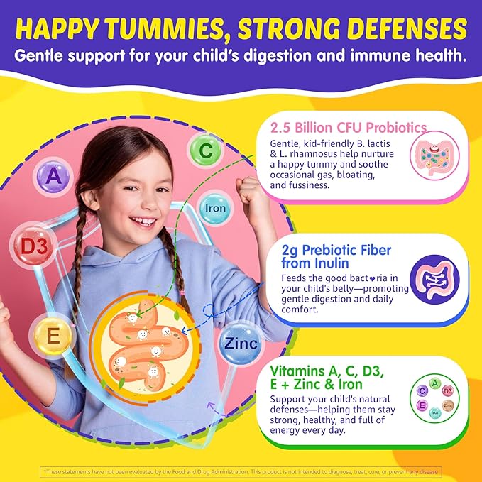 Kids Multivitamin Gummies with Iron, 450mg Algae Omega-3, Methylated B12, Folate, Fiber 2g, Probiotics, Magnesium, A, C, D, K, Zinc, Children Vitamins for Growth, Brain, Eye, Gut, Immune, Sugar Free