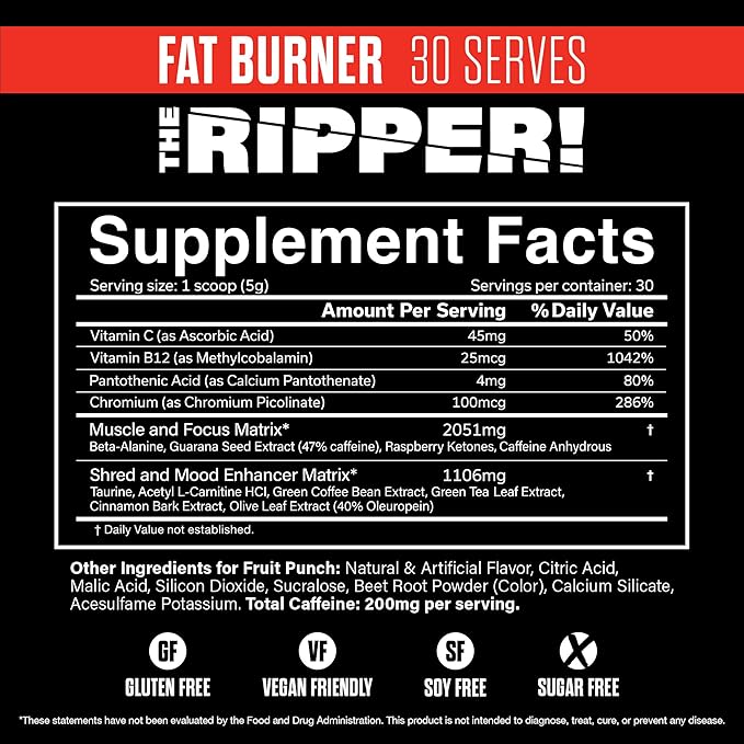 JNX SPORTS The Ripper! Fat Burner Pre Workout for Men & Women – Thermogenic Fat Burning Powder & Appetite Suppressant, Boost Energy & Endurance – Fruit Punch, 30 Servings