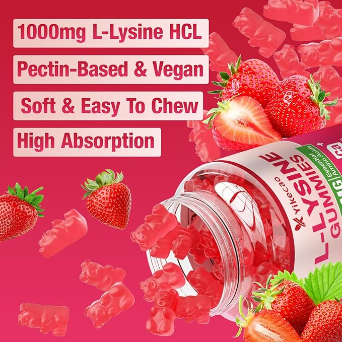 L-Lysine 1000mg Gummies, Chewable Lysine Supplement for Lips & Skin, Immune Support, Essential Amino Acid, Non-GMO, Vegan, Gluten Free, Sugar-Free, Strawberry Flavor, 60 Count