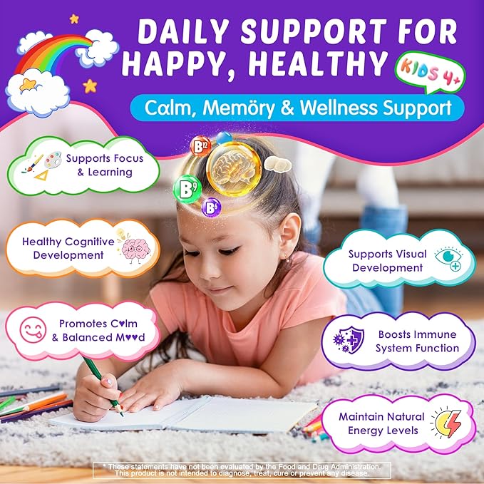 Kids Brain Gummies with Lion's Mane Mushroom, Methyl B6, B9, B12, Super Greens, Lutein, Brain Booster Supplement for Focus & Attention, Cognitive Function, Vision & Energy, Sugar Free, Vegan 60 Count