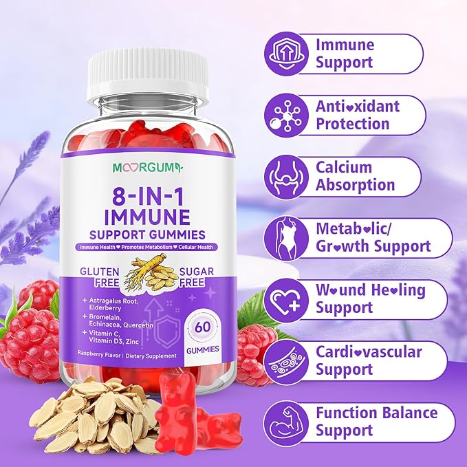 Immune Support Gummies – 8-in-1 Formula Herbal Supplements with Astragalus, Elderberry, Quercetin, Bromelain, Echinacea, Vitamin C, D3 and Zinc for Everyday Balance, Raspberry Flavor, 60 Count