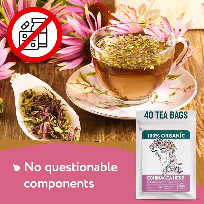 Echinacea Tea Organic (40 Tea Bags) - Medicinal Tea for Seasonal Changes -Natural Immunity Support - Te de Equinacea Organico